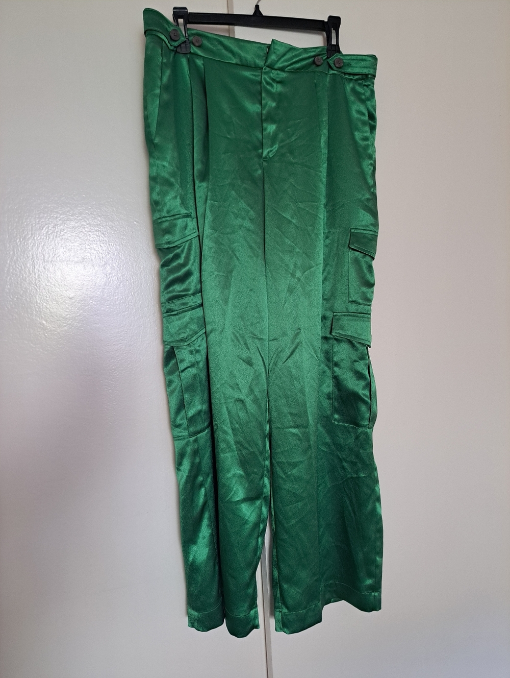 Satin Emerald Green Wide-Leg Cargo Jumpsuit Pants. - Picture 2 of 11